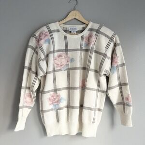 Vintage JH Collectibles Angora Lambswool Cream Sweater Window Pane Pink Roses M